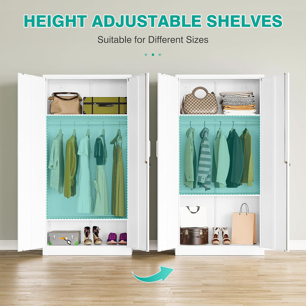 Metal Wardrobe Cabinet with Hanging Rod & Lock,White Armoire Wardrobe Clo...