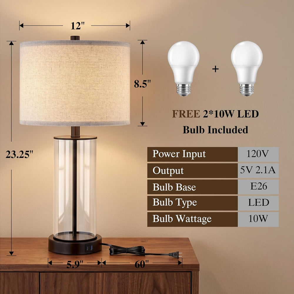 Kyrid 23.5'' Glass Table Lamp Set of 2 for Living Room with USB Ports...