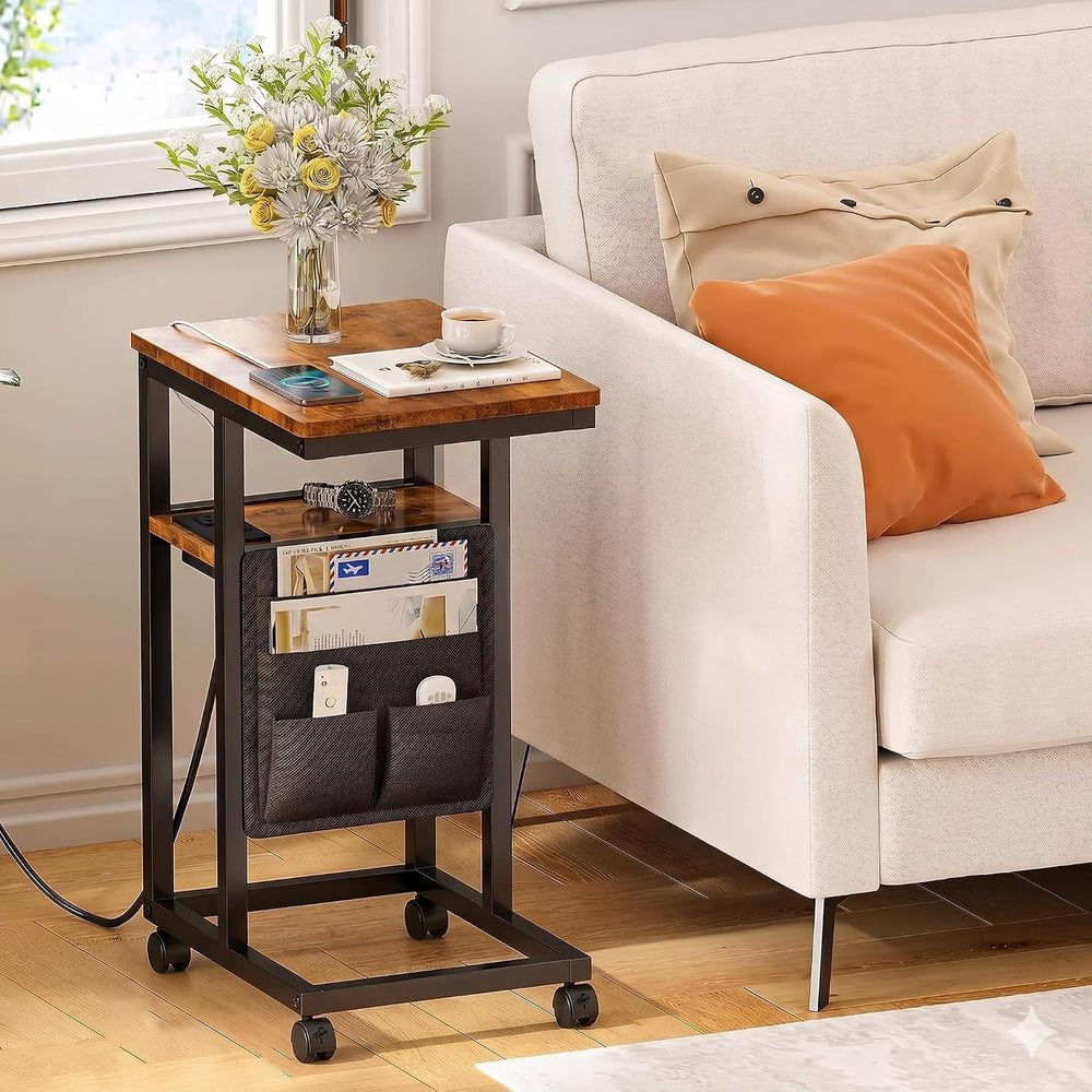 C Shaped End Table with Charging Station, Adjustable Height with Lockable Whe...