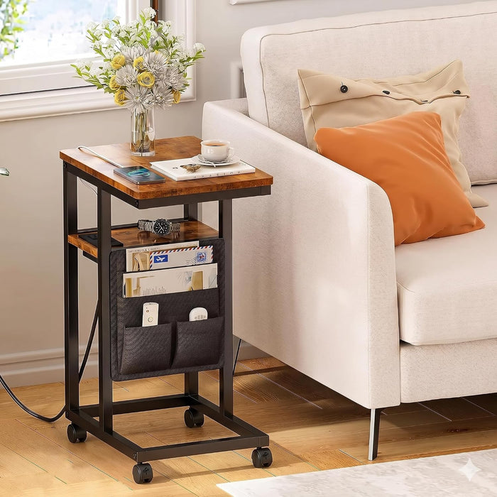 C Shaped End Table with Charging Station, Adjustable Height with Lockable Wheels & Storage Pouch, Rolling Side Table Slide Under Couch Laptop Desk, Small Sofa Table for Living Room (Small)