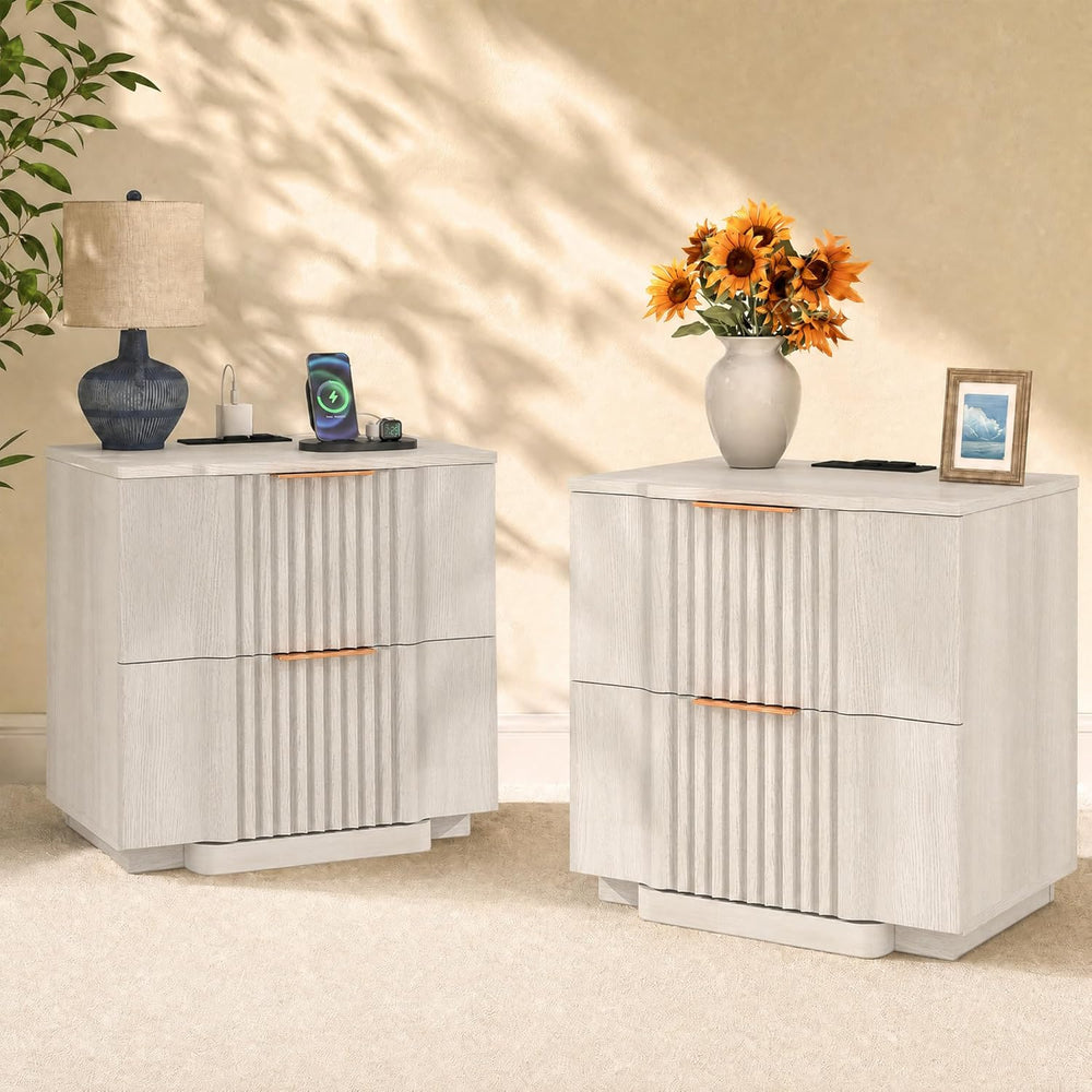 Yechen Fluted Nightstand Set of 2 with Ultra-Fast Charging Station, White | L...