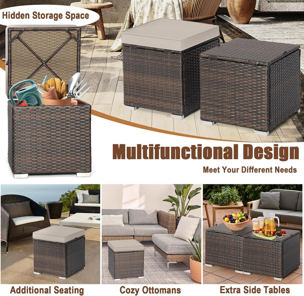 RELAX4LIFE Wicker Outdoor Storage Ottoman, 2-Piece Rattan Footstool w/Removab...