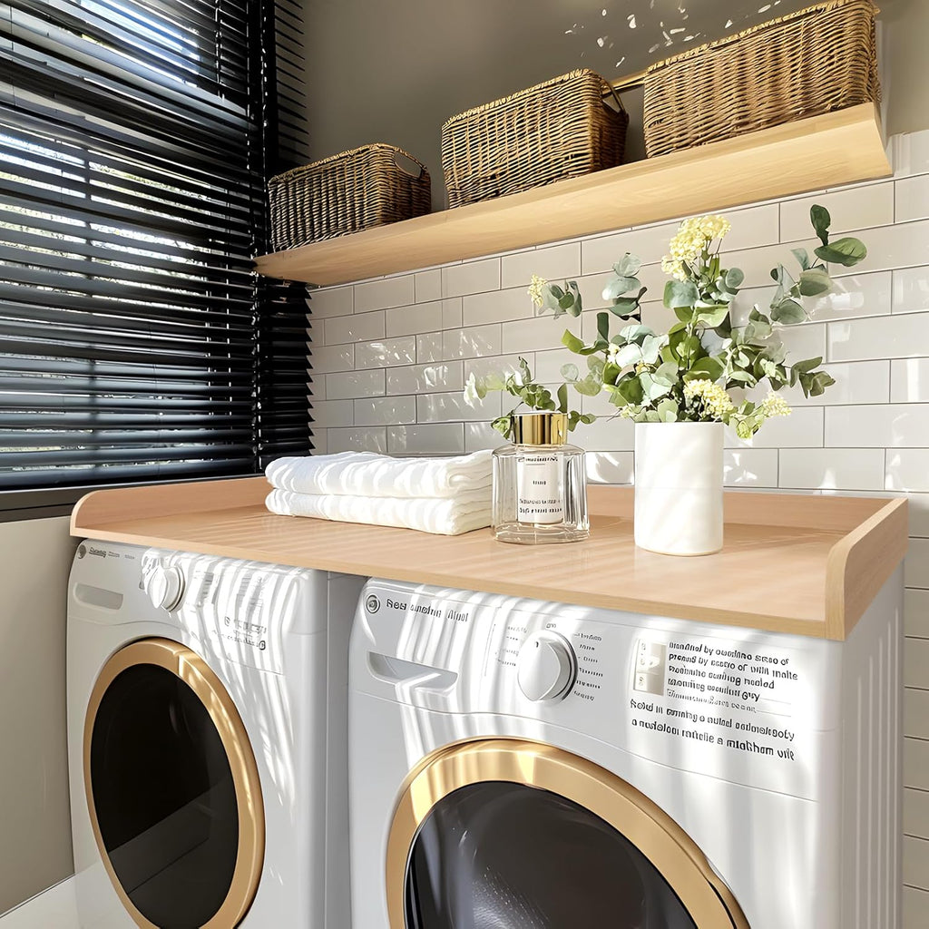 Kaboon Washer Dryer Countertop 58" x 28" Extra Large Version, Melamine Countertop with 3.5" Edge Rails, Laundry Room Organization, Light Walnut