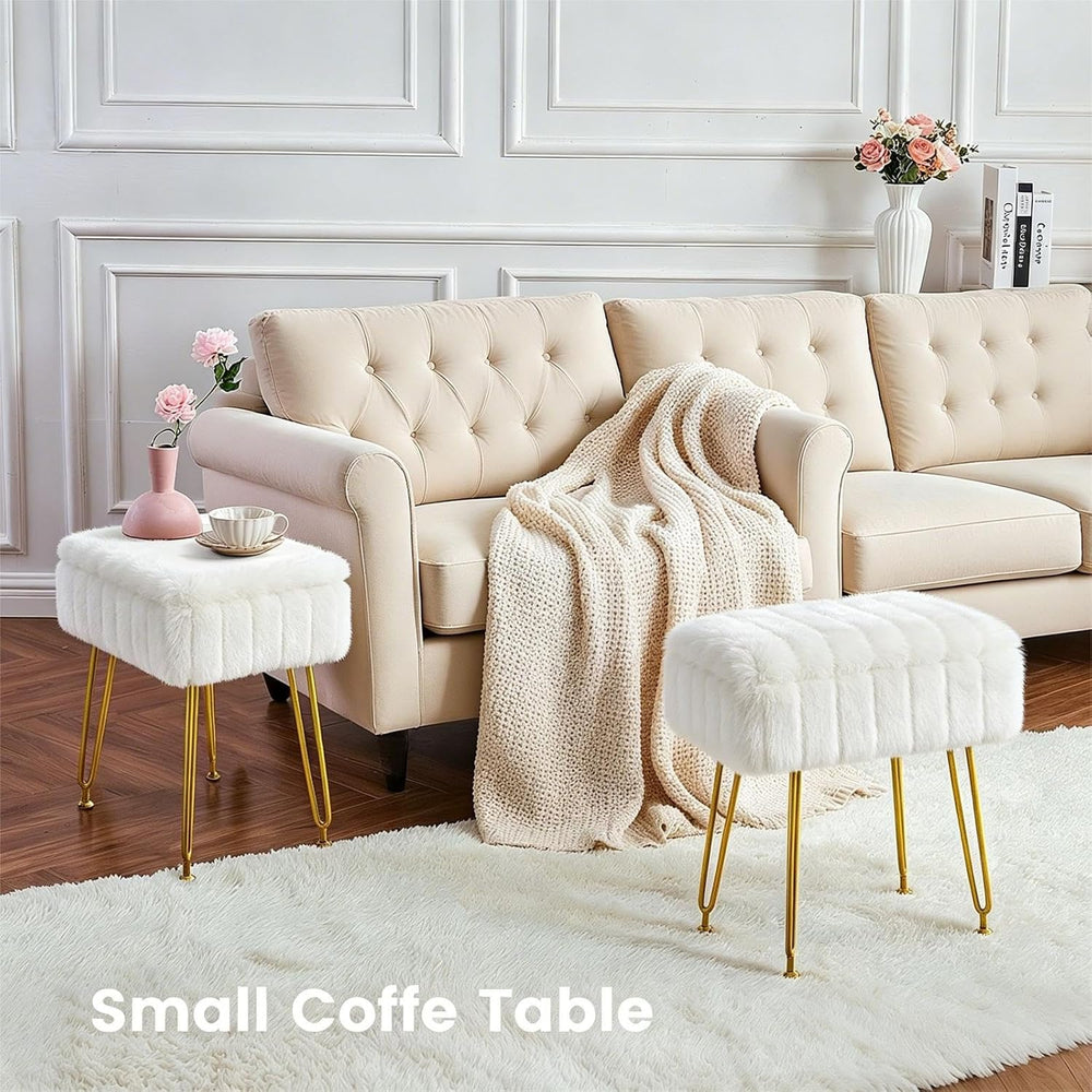 FUXA Vanity Stool Chair with Storage, Faux Fur and Metal Legs, White | Soft P...