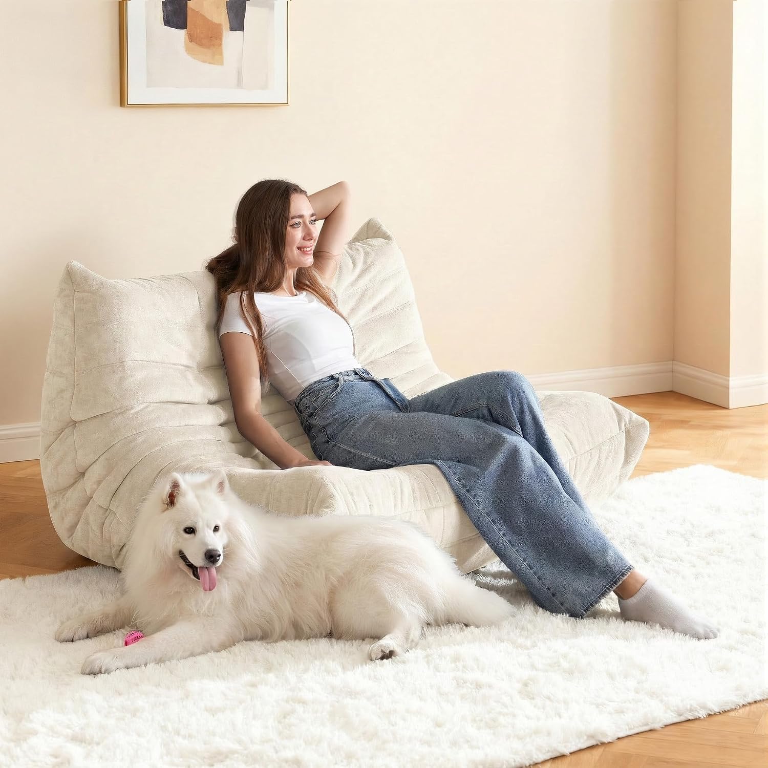 Kasunpul Bean Bag Chair, Giant Bean Bag Chairs for Adults, 2 Seater Lazy Bean Bag Sofa Memory Foam Couch, Loveseat Fireside Chair for Living Room, Bedroom, Office(Beige)