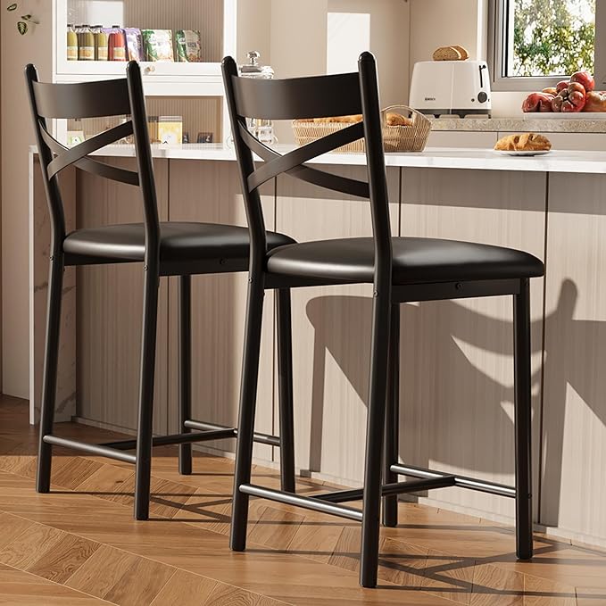 GarveeHome Bar Stools Set of 2, Counter Height Bar Chairs with Back and Thick Cushion, Upholstered Dining Chairs with Padded Seat, Barstools for Kitchen Island, Bar, Dining Room, Modern Black