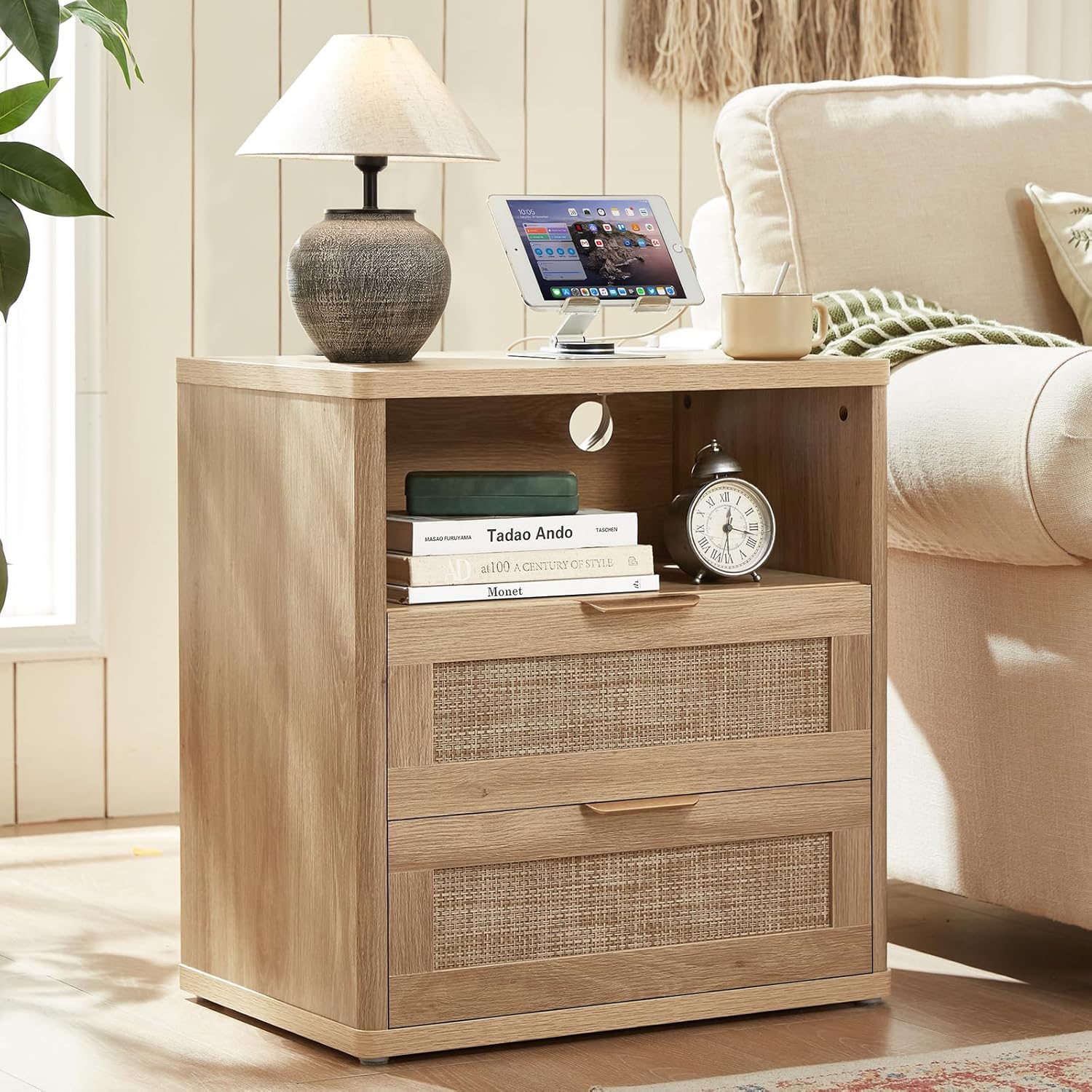 LEYAOYAO Rattan Night Stand with Charger Station, 23" Wide Boho Nightstand with 2 Drawers, Natural Wood Bedside Table Open Storage Cabinet, Bed Side End Tables Dresser for Bedroom, Living Room Hallway