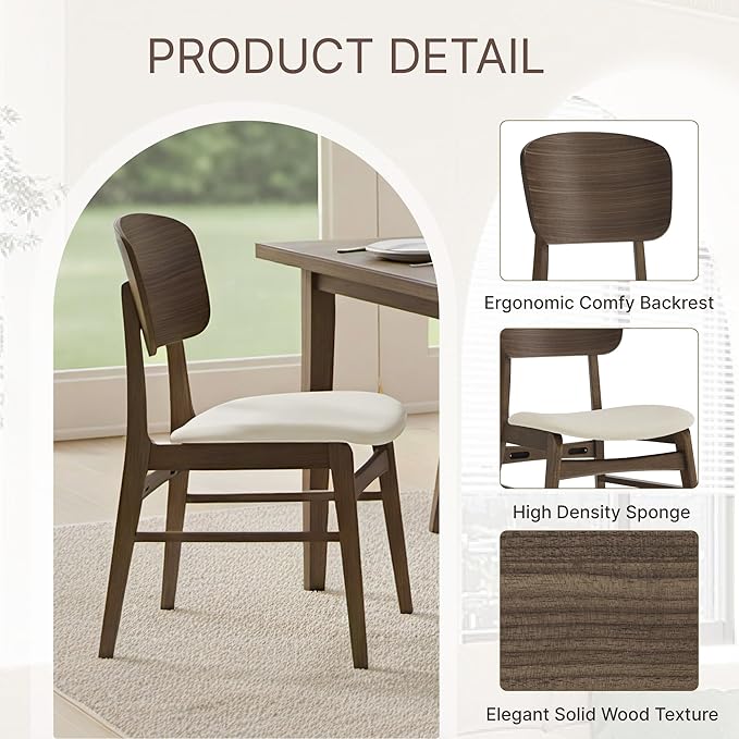 Wooden Dining Chairs Set of 4, Upholstered Modern Dining Room Chairs, Mid Century Oak Kitchen Chairs with Ergonomic Wood Backrest for Farmhouse, Restaurant, Café (Cream Fabric & Walnut Color)