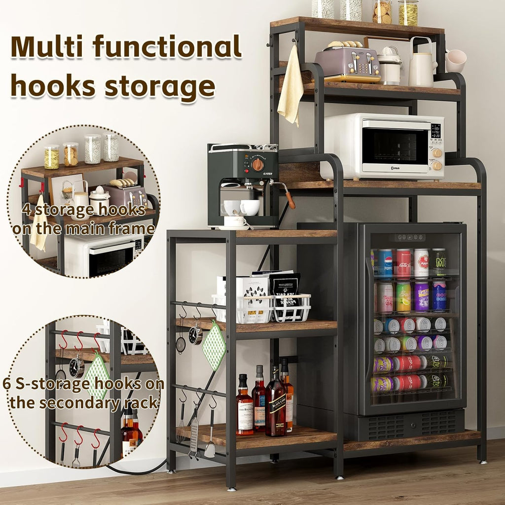 7-Tier Kitchen Storage Rack, Mini Fridge and Microwave Stand with AC/USB Outlets, Metal Frame, Walnut Brown MDF Shelves, Utility Cabinet for Kitchen, Living Room, Dorm