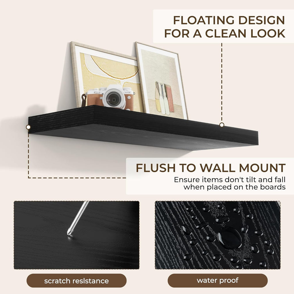 RICHFOCUS 36Inch Floating Shelves for Wall 2 Pack Shelves for Bedroom|Kitchen|Bathroom Wall Mounted Rustic Wood Floating Shelf with Invisible Brackets for Books|Storage|Decor, Black