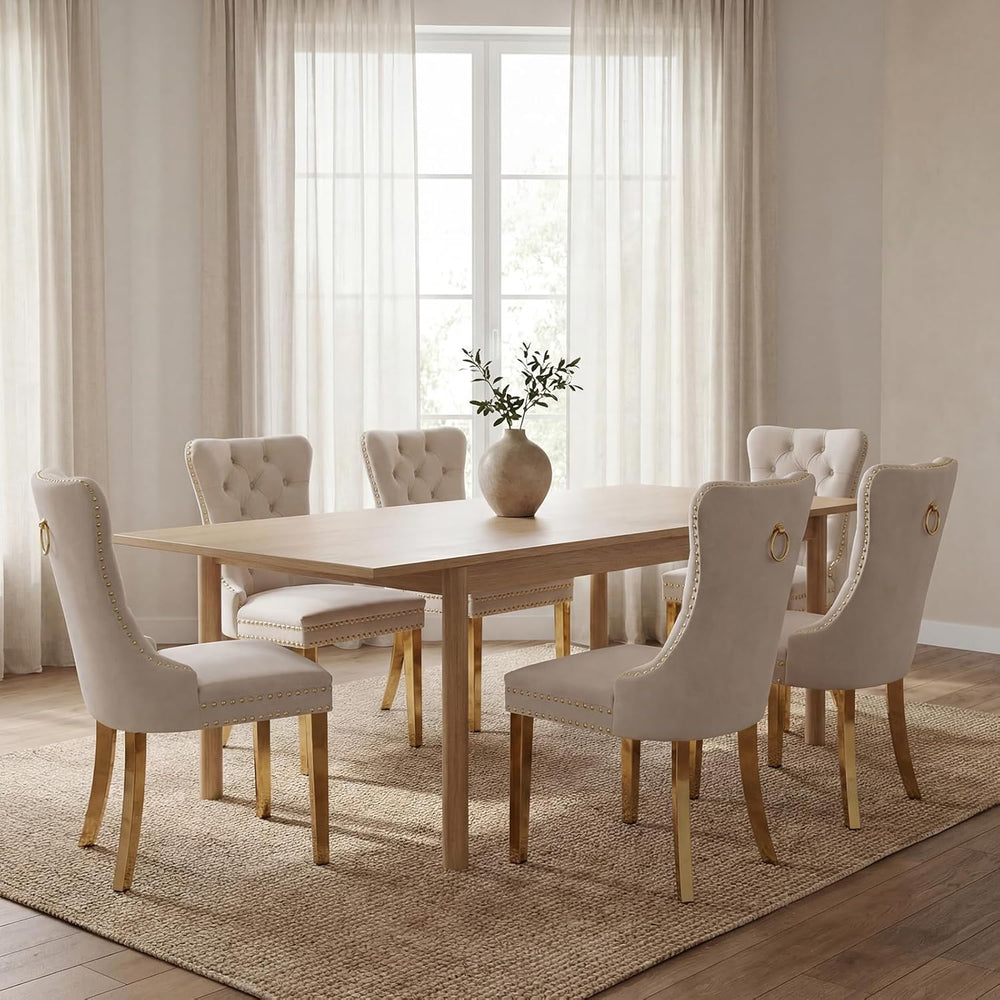 Beige Velvet Dining Chairs Set of 6, Fabric Upholstered Kitchen & Dining ...