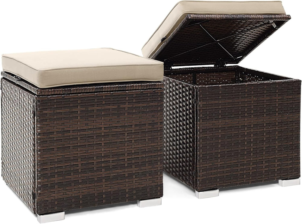 Tangkula 2 Pieces Patio Ottomans, Patiojoy Hand-Woven PE Rattan Side Table wi...