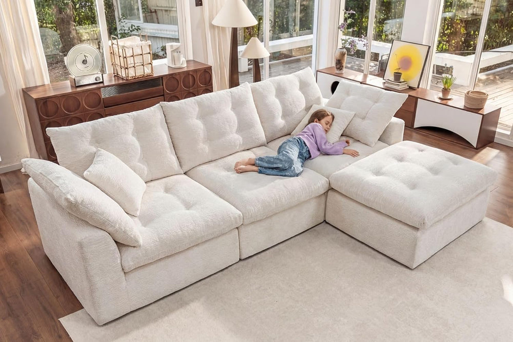 110" Oversized Cloud Sectional Couch, Modular Chenille L-Shaped Compress...