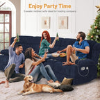 Recliner Sofa with Storage Console, Flip Middle Backrest Design 3-Seater Reclining Sofa with Storage Drawer, USB Ports & Cup Holders, Manual Couch for Living Room (Blue, 3 Seater + Console)