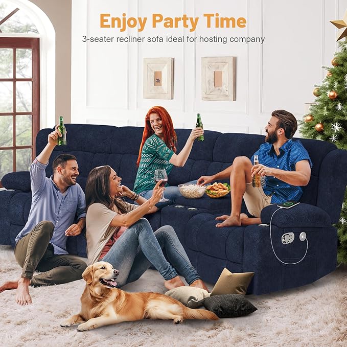 Recliner Sofa with Storage Console, Flip Middle Backrest Design 3-Seater Reclining Sofa with Storage Drawer, USB Ports & Cup Holders, Manual Couch for Living Room (Blue, 3 Seater + Console)