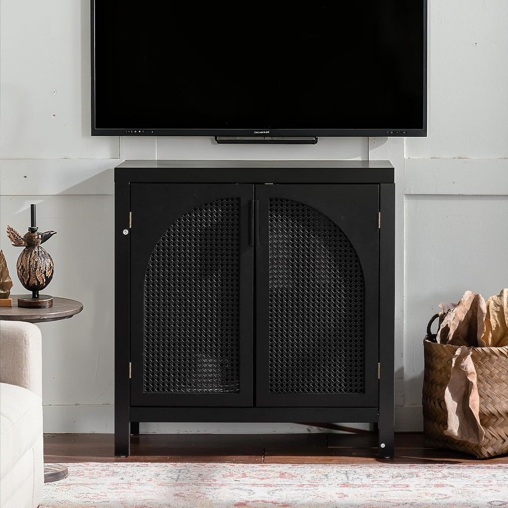 Black 28.94“W Buffet Cabinet with Storage, Accent Sideboard with Rattan Doors...