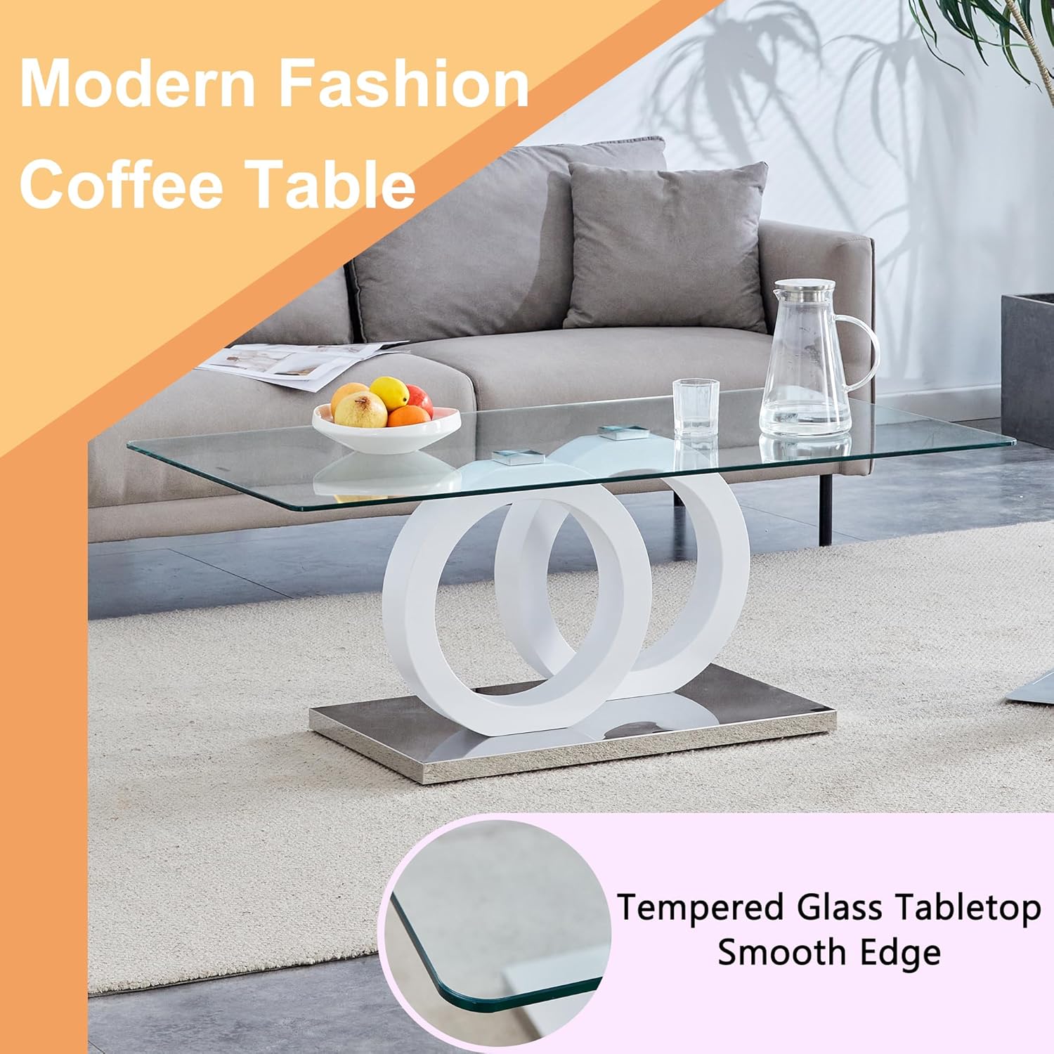 Glass Coffee Table for Living Room, White Modern Rectangular Center Table, 47” Living Room Table with Clear Tempered Glass Top with MDF OO Legs and Silver Metal Base (White, 47.2 inches)