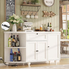 55" White Freestanding Coffee Bar Cabinet with Charging Station, Wine Rack, Drawer, Modern Liquor Wine Cabinet Home Mini Bar Sideboard Buffet Cabinet for Kitchen Dining Living Room Small Space