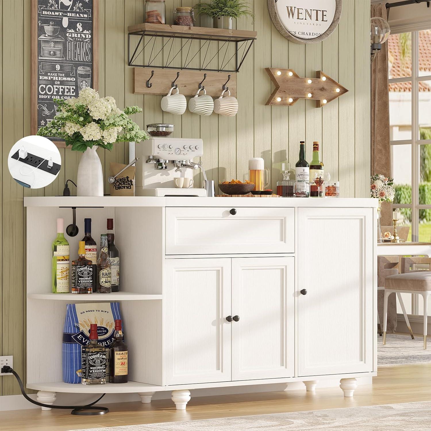 55" White Freestanding Coffee Bar Cabinet with Charging Station, Wine Rack, Drawer, Modern Liquor Wine Cabinet Home Mini Bar Sideboard Buffet Cabinet for Kitchen Dining Living Room Small Space