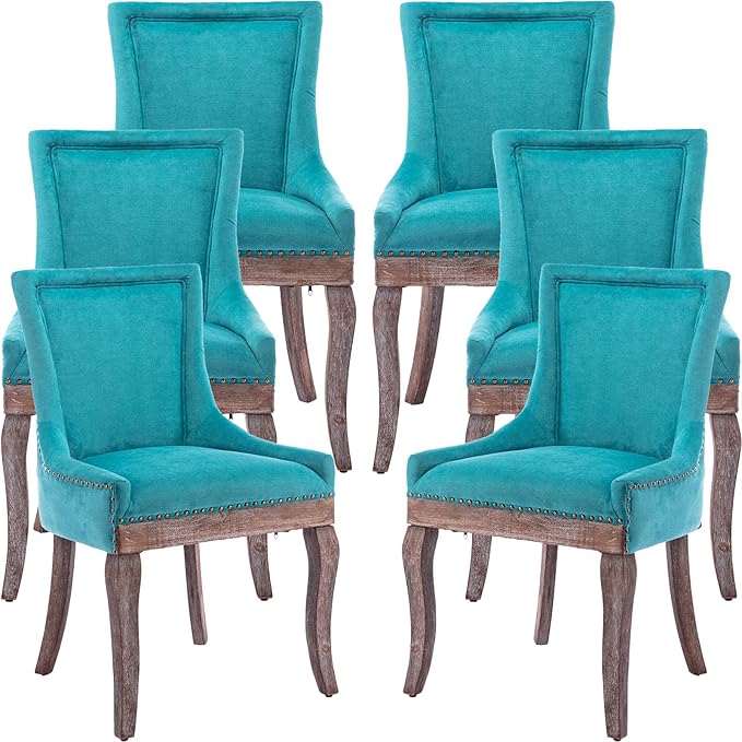 Teal Dining Chairs Set of 6, Kitchen & Dining Room Chairs, Fabric Upholstered Dinning Chairs, Sillas De Comedor, Nailhead Trim, Wood Legs (Blue, 6 Pcs)