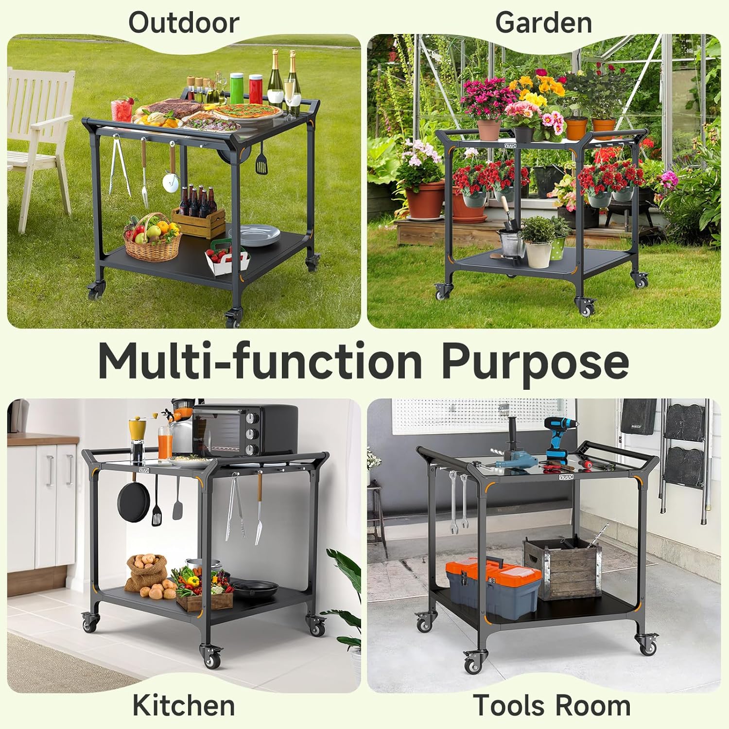 NUUK Grill Cart 32" x 32" Stainless Steel Pizza Oven Table with Double-Shelf Rolling Kitchen Island Cooking Station, Indoor & Outdoor Food Prep Cart