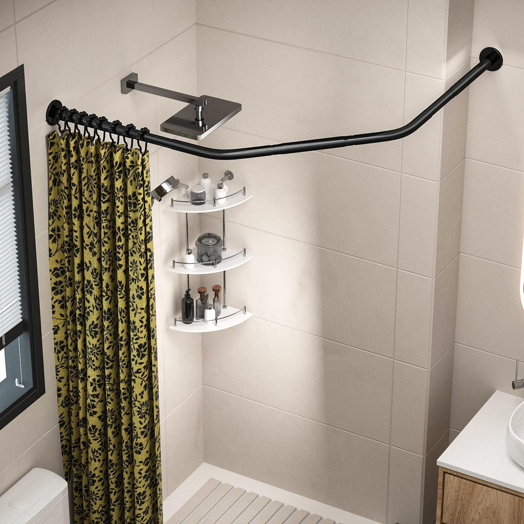 Corner Shower Curtain Rod Adjustable Stainless Steel Diamond Shaped Rack Drill Free Install for Bathroom, Bathtub, Clothing Store (Black Diamond Shaped, Both Sides: 17"-25.6",Middle:20"-26)