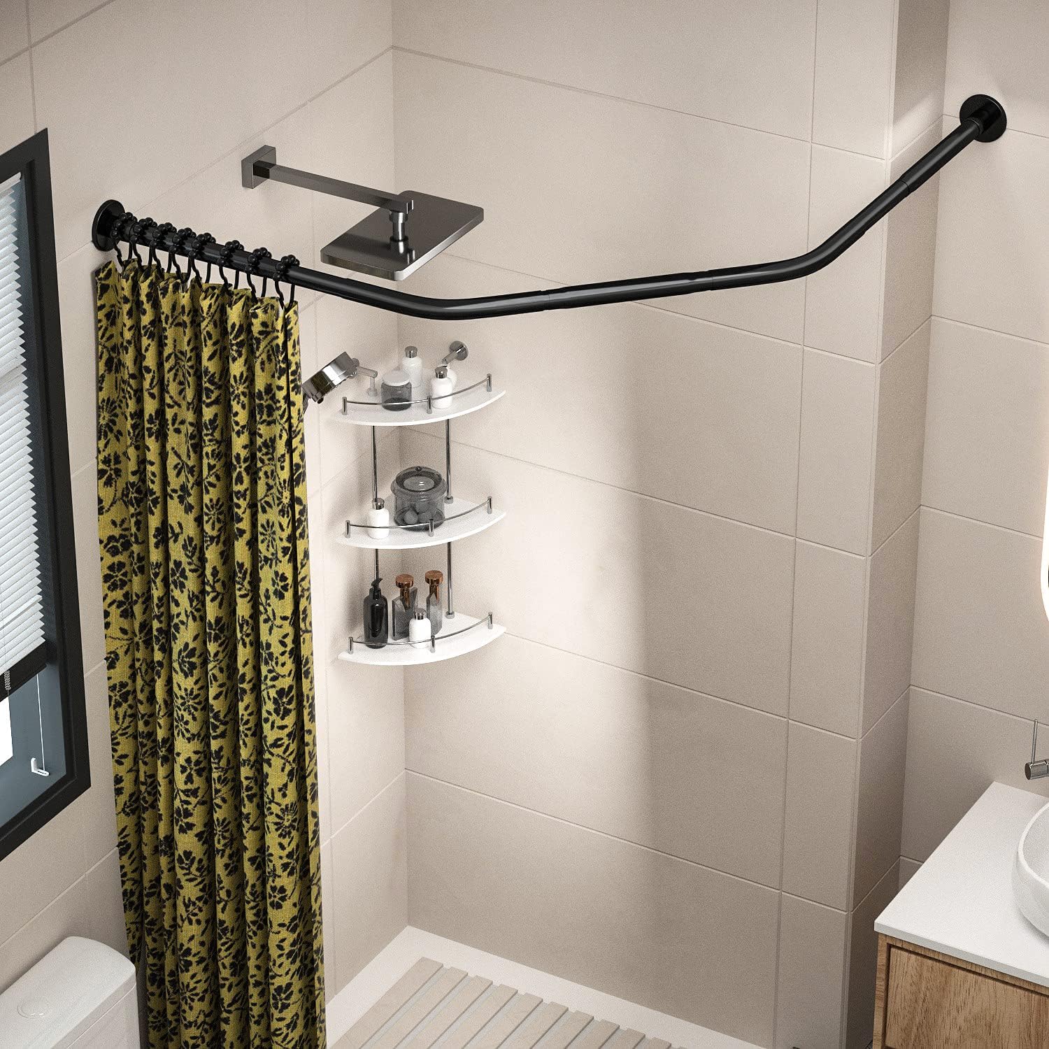 Corner Shower Curtain Rod Adjustable Stainless Steel Diamond Shaped Rack Drill Free Install for Bathroom, Bathtub, Clothing Store (Black Diamond Shaped, Both Sides: 17"-25.6",Middle:20"-26)