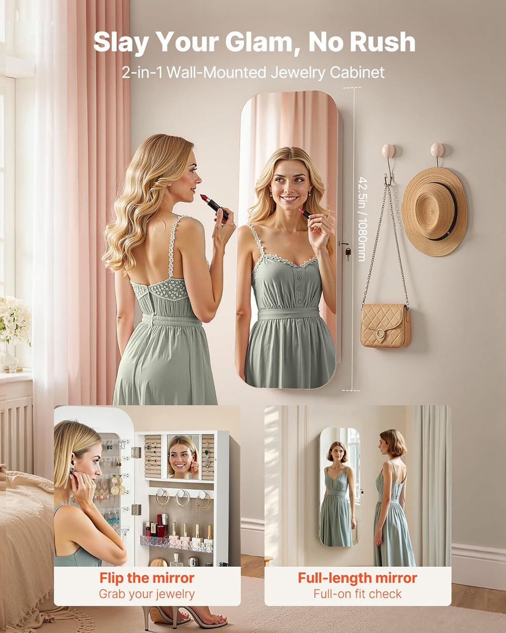 VEVOR Mirror Jewelry Cabinet, 42.5-inch Tall, Full-Length Mirror with Storage...