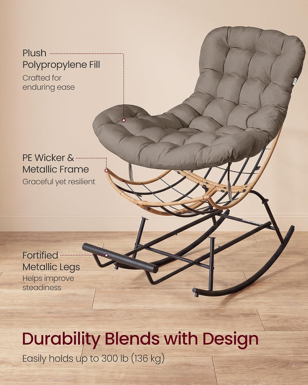 VASAGLE Outdoor Rocking Chair with Extendable Footrest, Removable Cushion | P...