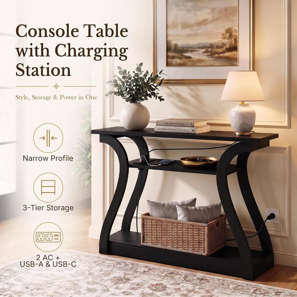 SUPER DEAL 47 in Wood Console Table with Charging Station, 3 Tier Narrow Entr...