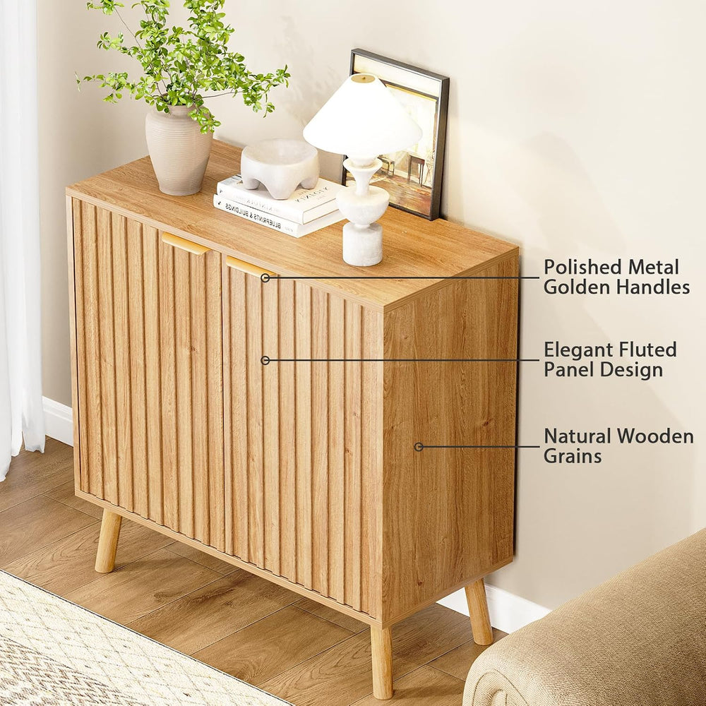 Fluted Storage Cabinet, Buffet Cabinet with Storage, Wood Sideboard with Adju...