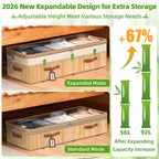 Livole 2 Pack Bamboo Under Bed Storage with Wheels, 6-10 inches Height Adjustable Underbed Storage Containers, 92L XXXL Large Rolling Under Bed Storage Bins for Clothes, Blankets, Sweater, Shoes