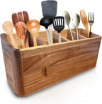 Dstuff Large Kitchen Utensil Holder Organizer for Counter or Countertop, Wooden Storage Container for Cooking and Silverware, Acacia Rustic Wood (4 Compartments)