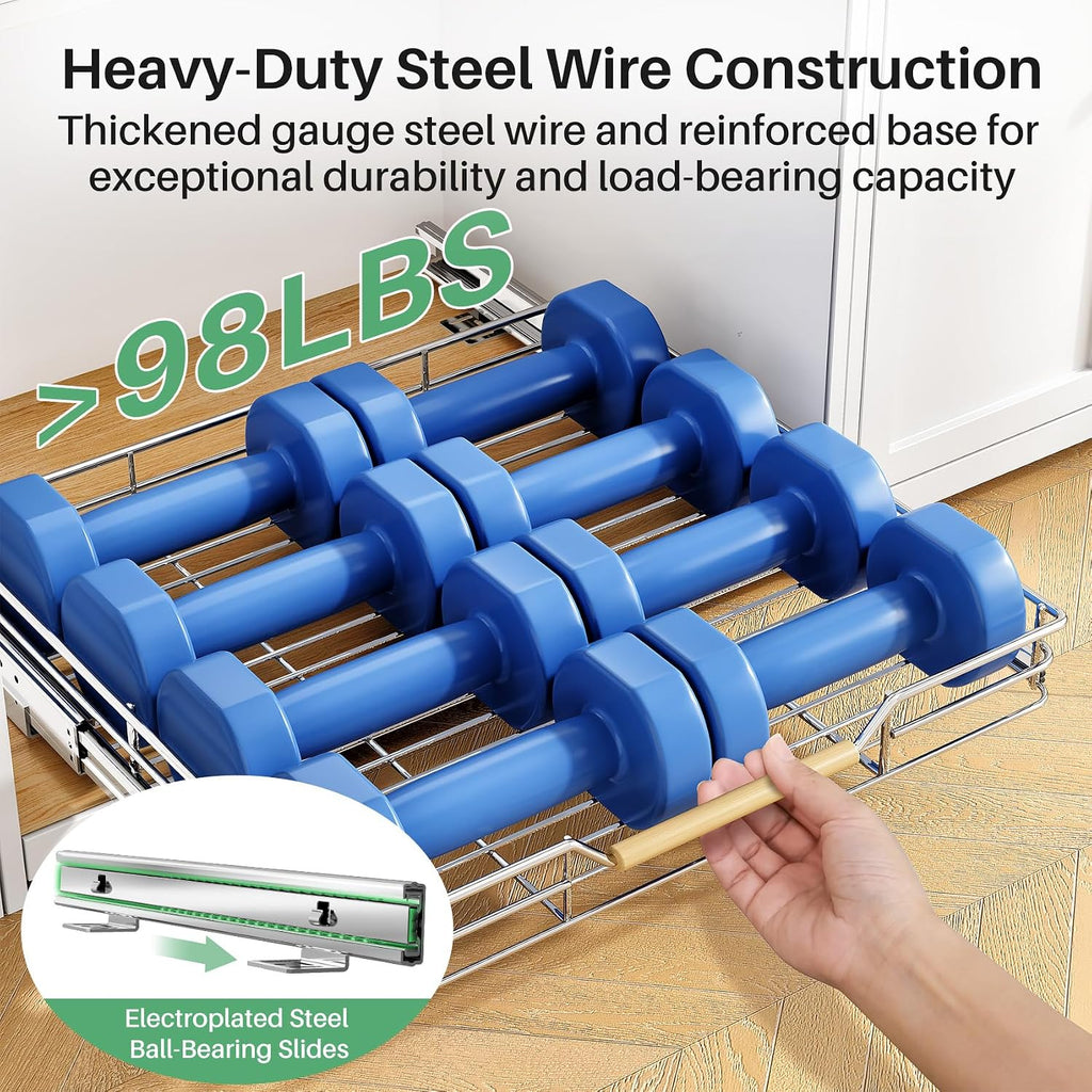 Pull out Cabinet Organizer, 21"W X 21"D, Heavy Duty Smooth Sliding Under Cabinet Shelves for Pots and Pans, Full-Extension Roll out Drawers, Slide out Organization for Home Kitchen Pantry