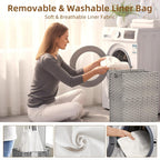 Woven Laundry Basket with Lid, Large Hamper with Removable and Machine-Washable Liner, Foldable Rattan Clothes Hamper, Sturdy Steel Frame, Odor Control, 90L Capacity, Dove Gray