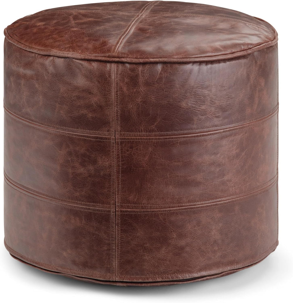 SIMPLIHOME Connor 18" Wide Round Pouf in Distressed Brown Genuine Leathe...