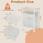 4-Tier Rolling Utility Cart with 3 Drawers - White Craft Organizers and Storage with DIY Dividers, Under Desk Art Supply Storage Organizer with 360° Lockable Wheels for Brushes Artifacts Small Parts