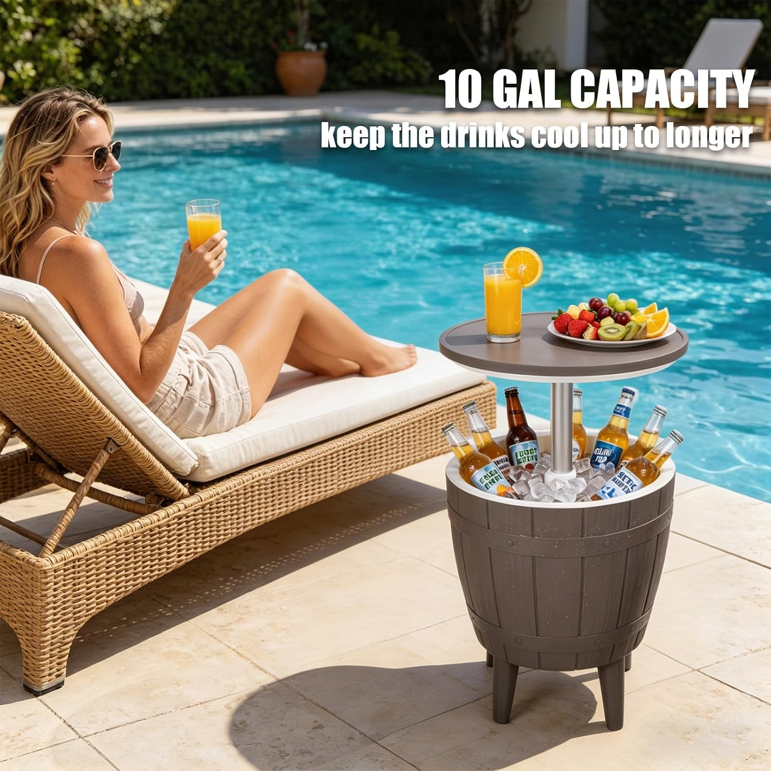 Vipush Outdoor Cooler Table, 10 Gal Adjustable Height Patio Bar Table | 3-in-1 Ice Cooler, Cocktail Table and Pool Deck Cool Bar for Party,Patio, Poolside and Backyard Garden Decor