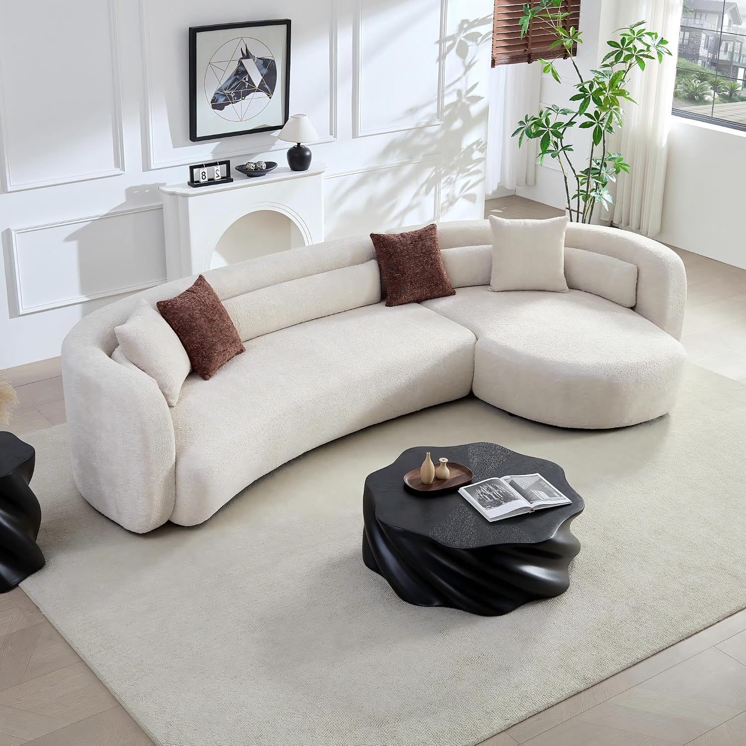 Curved Boucle Sectional Sofa, 132", Deep Seat, Chaise, Oversized, Modern | Comfy Sectional Couches with Chaise (Right-Facing, Beige), Curved Boucle Sectional Sofa, 132", Deep Seat, Chaise, Oversized