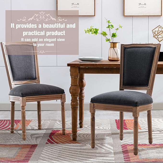 Nrizc Farmhouse Dining Chairs Set of 2, French Dining Chairs with Square Back, Brown Wood Legs, French Bistro Chairs for Dining Room/Living Room/Kitchen/Restaurant, Dark Grey