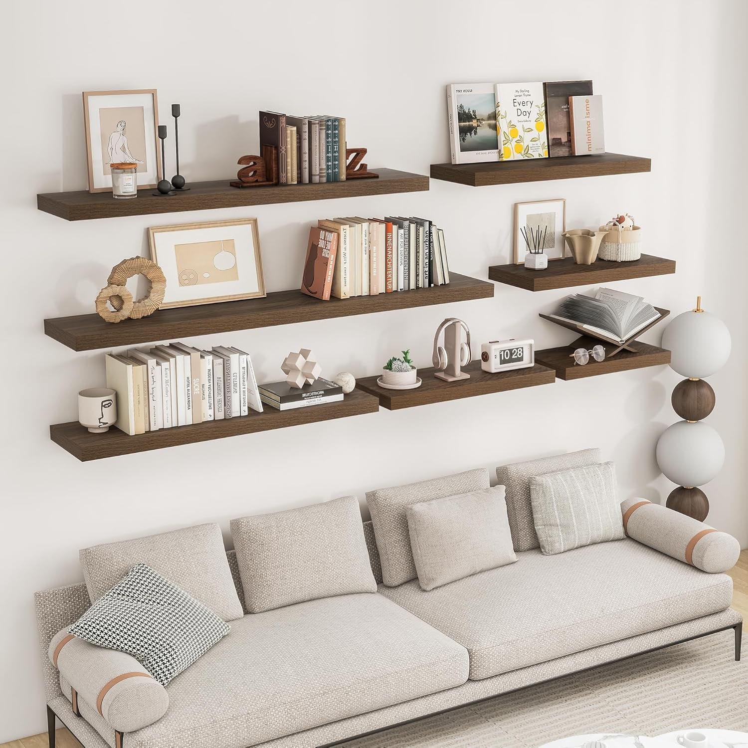 RICHFOCUS 24Inch Floating Shelves for Wall 2 Pack Shelves for Bedroom|Kitchen|Bathroom Wall Mounted Rustic Wood Floating Shelf with Invisible Brackets for Books|Storage|Decor, Walnut