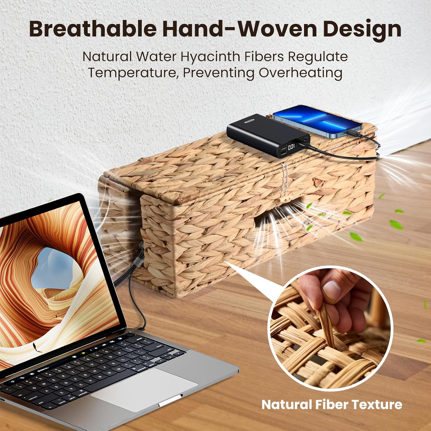 2 Pack Cable Management Box with Lid, Handwoven Water Hyacinth Cord Organizer, 4 Side Open Slots Cable Hider for Power Strips, Cords & Wires, Desk/Floor/Office Storage Box to Hide Electronics Clutter