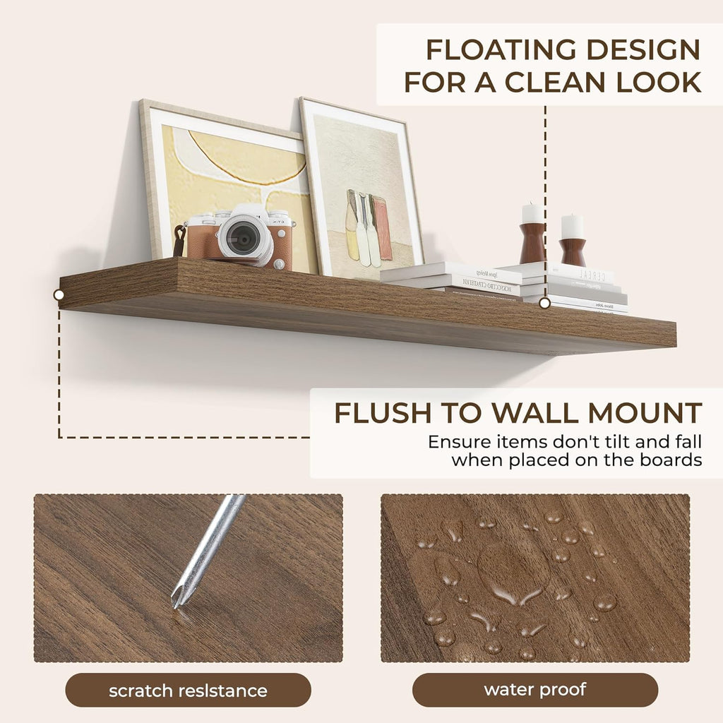 RICHFOCUS 40Inch Floating Shelves for Wall 2 Pack Shelves for Bedroom|Kitchen|Bathroom Wall Mounted Rustic Wood Floating Shelf with Invisible Brackets for Books|Storage|Decor, Walnut