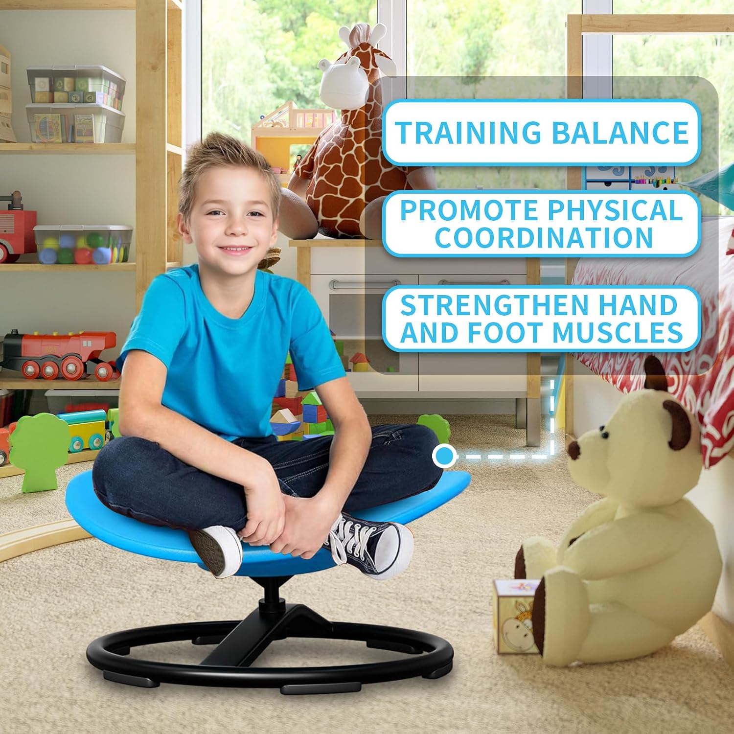 Sensory Spinning Chair for Kids, Autisms Swivel Chair for Body Coordination Training, Sit and Spin Toy, Non-Slip Metal Base, Indoor and Outdoor Activity Toy for Children Blue