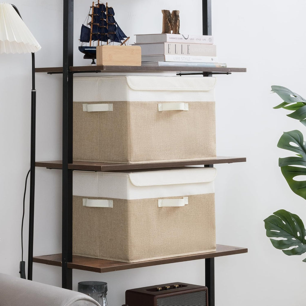 GRANNY SAYS Storage Boxes with Lids, Decorative Storage Bins, Shelf Baskets, Clothes Storage and Organization, White/Khaki, 2-Pack