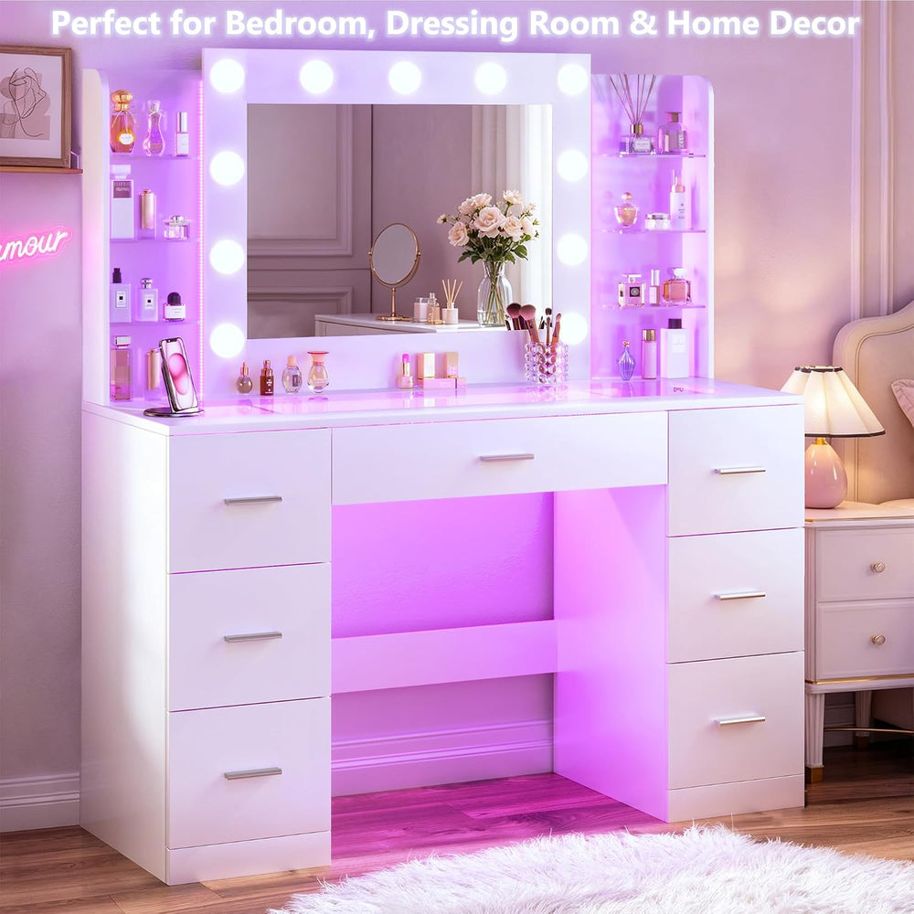 HUAHUU Vanity Desk with Mirror and Hollywood Lights, Makeup Vanity 6 Backlit ...
