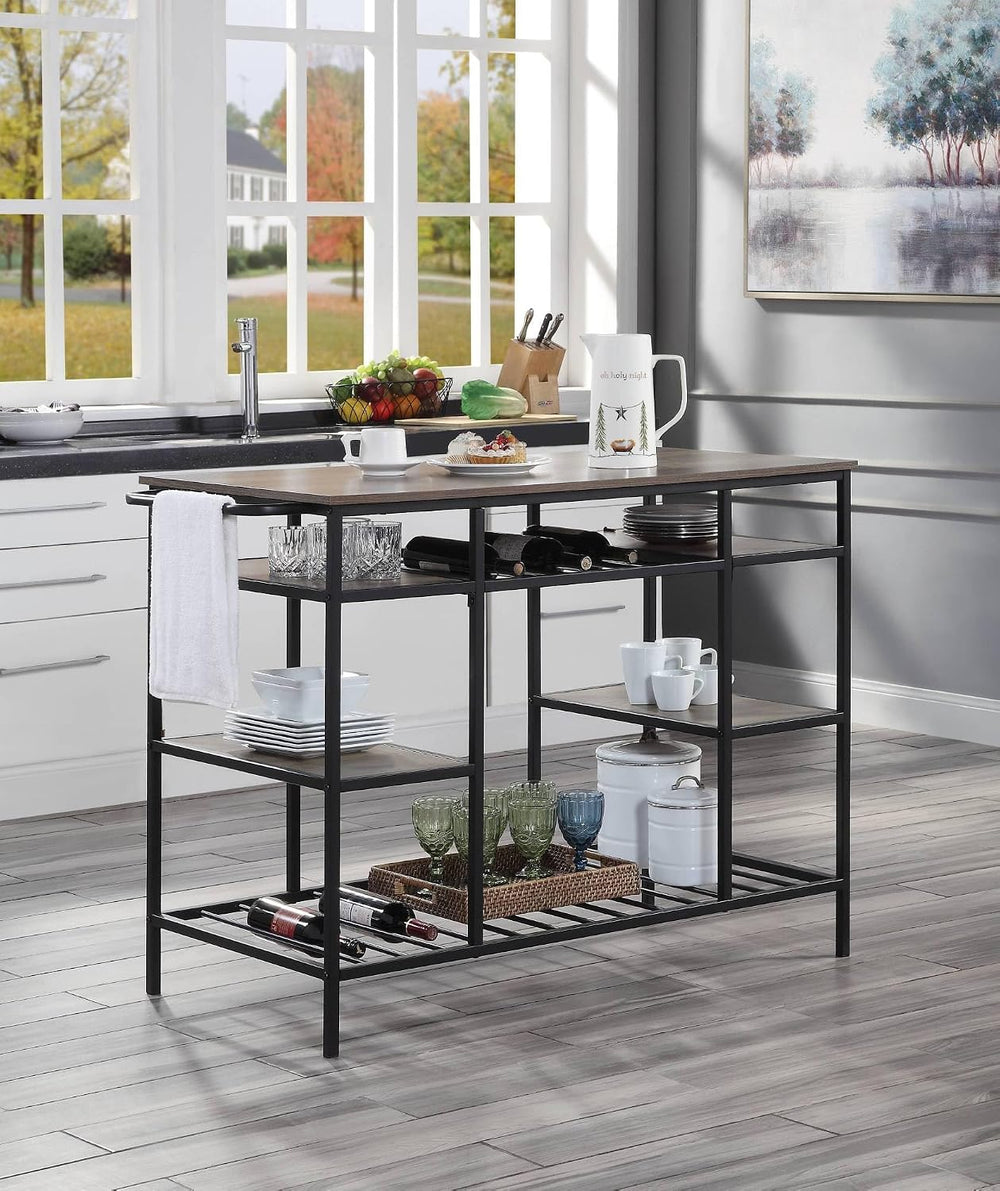Rustic Oak & Black Kitchen Island with 6 Open Compartments | 6 open compa...