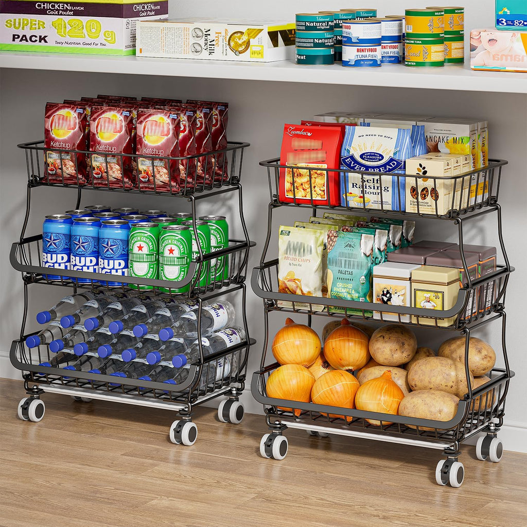 3 Tire Rolling Pantry Organizers and Storage Cart on Wheels | Metal Frame, Under Pantry Cabinet, Drip Tray, Storage for Snack, Potato, Onion, Produce, Can, Drink, Fruit and Vegetable