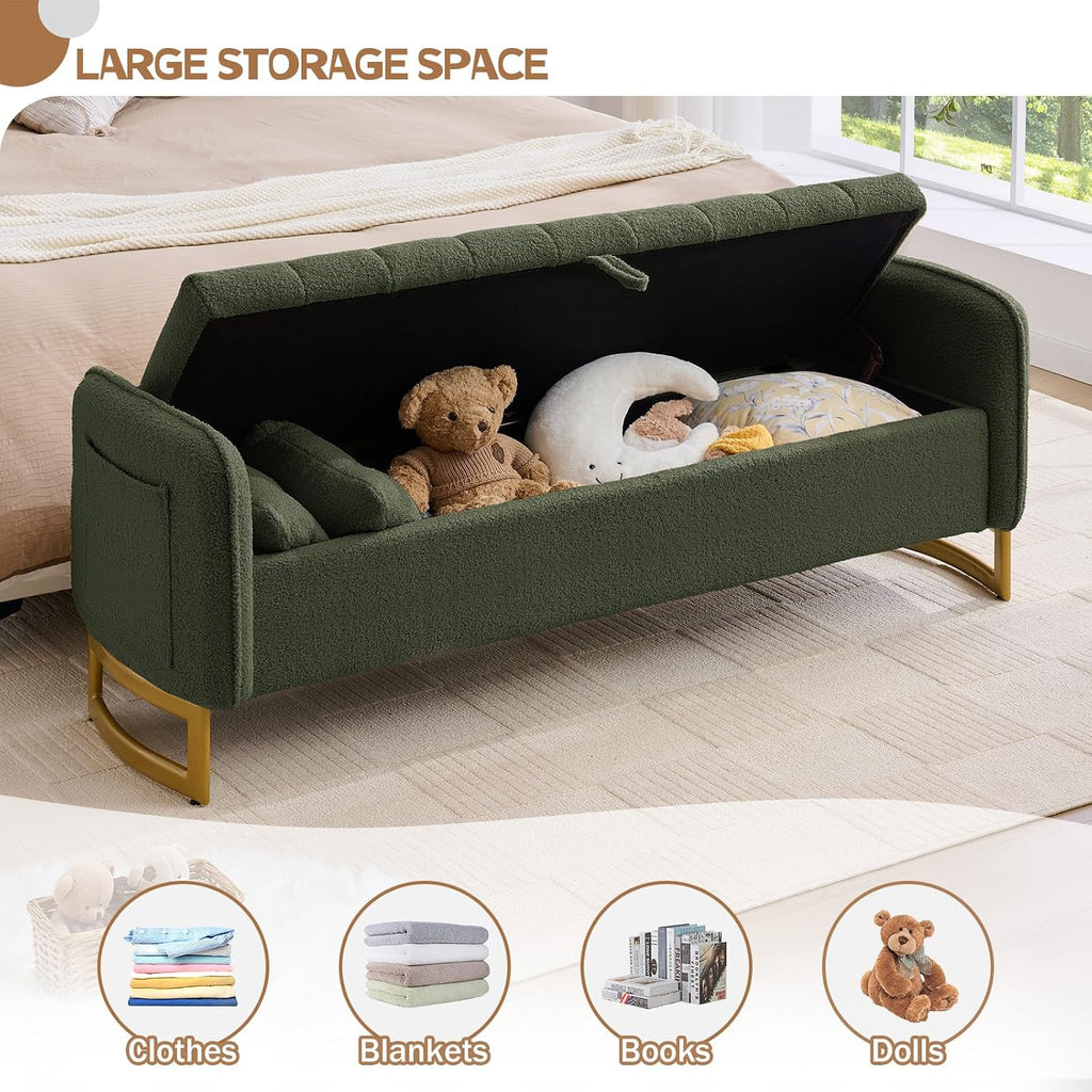 66'' King Size Storage Bench for Bedroom, Teddy Boucle End of Bed Benches for Foot of Bed, Storage Ottoman Bench with Golden Legs and Pockets for Living Room Window Entryway, Green