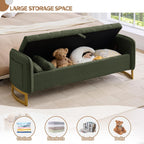 66'' King Size Storage Bench for Bedroom, Teddy Boucle End of Bed Benches for Foot of Bed, Storage Ottoman Bench with Golden Legs and Pockets for Living Room Window Entryway, Green